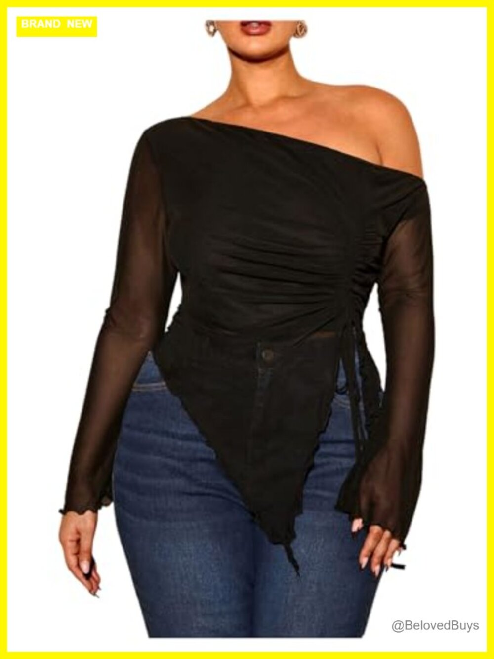 Plus Size Sheer Mesh Off Shoulder Top Long Sleeve Drawstring Asymmetrical Hem